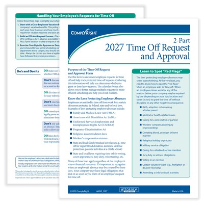 ComplyRight 2027 Time Off Request and Approval Form, 2-Part, 50 Forms/Pack (A0030)