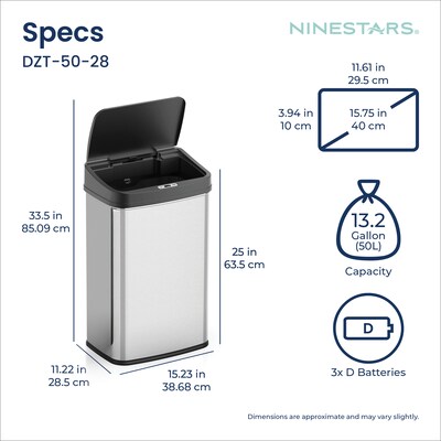 NineStars Stainless Steel Indoor Automatic Sensor Trash Can Set, 13 Gallon & 3.9 Gallon, Silver (CB-DZT-50-36/12-36BK)