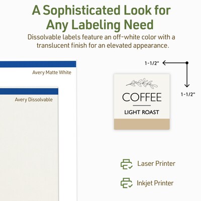 Avery Dissolvable Square Multipurpose Labels, 1.5" x 1.5", Off-white, 100/Pack (94106)