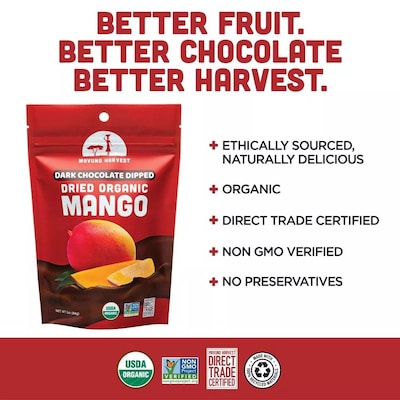 Mavuno Harvest Organic Dried Mango Dipped in Dark Chocolate Fruit Snacks, 1 lb. Bag (MAHW-CMNG1LB)
