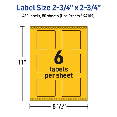 Avery Laser/Inkjet Square Multipurpose Labels, 2.75" x 2.75", Bright Yellow, 480/Box (94109)