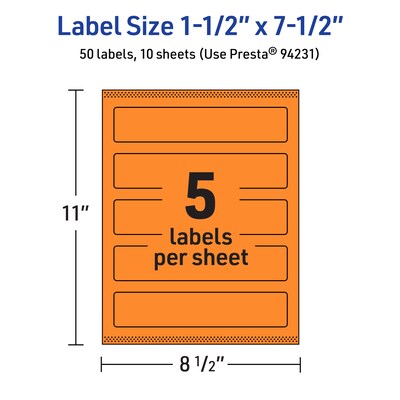 Avery Laser/Inkjet Multipurpose Rectangle Labels, 1.5" x 7.5", Bright Orange, 50/Pack (94231)