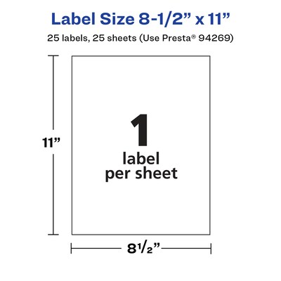 Avery Laser/Inkjet Rectangle Multipurpose Labels, 11"  x 8.5", Glossy White, 25/Pack (94269)