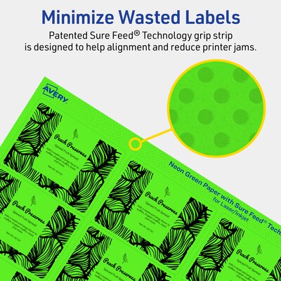 Avery Laser/Inkjet Multipurpose Rectangle Labels, 2" x 2-5/8", Neon Green, 150/Pack (94235)