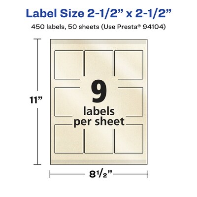Avery Laser/Inkjet Square Pearlized Labels, 2.5" x 2.5", Ivory, 450 Labels/Box (94104)