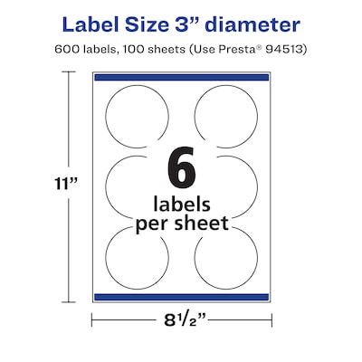 Avery Laser/Inkjet Round Multipurpose Labels, 3" Dia., White, 600 Labels/Box (94513 )