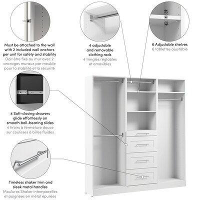 Bestar Florence Closet System, 6 Shelves, 4 Drawers, 75"W x 16"D, White (127643-000017)