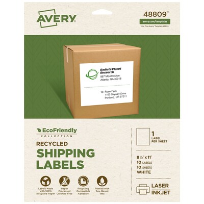 Avery EcoFriendly Laser/Inkjet Shipping Labels, Matte White, 8-1/2 X 11, 10 Labels/Pack (48809)