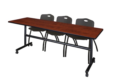 Regency Kobe 84 Flip Top Mobile Training Table- Cherry & 3 M Stack Chairs- Black