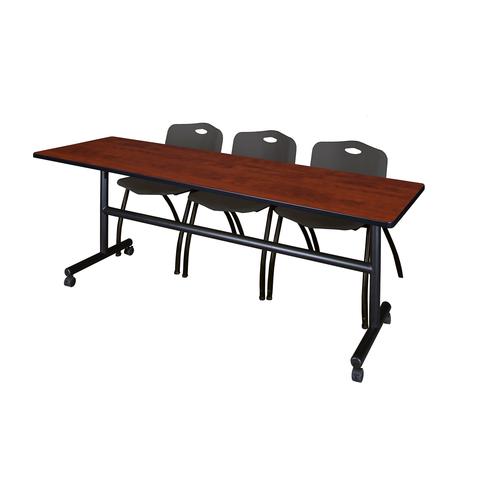 Regency Kobe 84 Flip Top Mobile Cherry Training Table & 3 M Stack Chairs, Black (MKFT8424CH47BK)