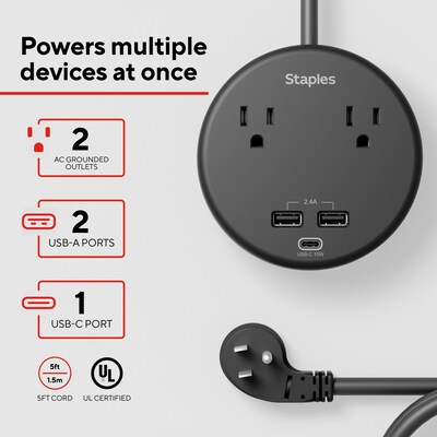 Staples TECH 2-Outlet 3-USB Port Surge Protector, 5, 500 Joules, Black (ST62772)