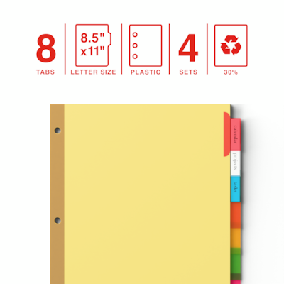 Staples Large Tab Insertable Paper Divider, Assorted Colors, 8-Tabs, 4 Sets (13517/14483)