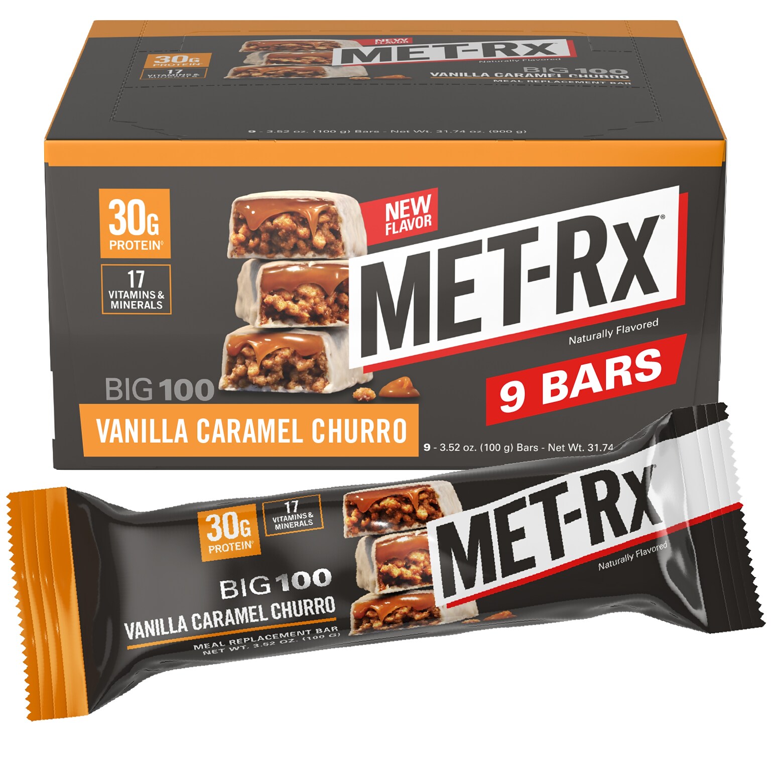 MET-Rx Gluten Free Vanilla Caramel Churro Protein Bar, 9 Bars/Box (080442)