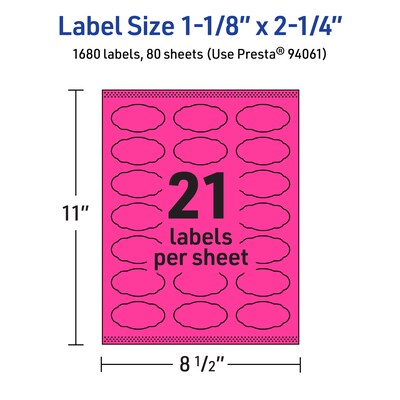 Avery Oval Scalloped Laser/Inkjet Multipurpose Labels, 1-1/8" x 2-1/4", Neon Magenta (1680/Box)