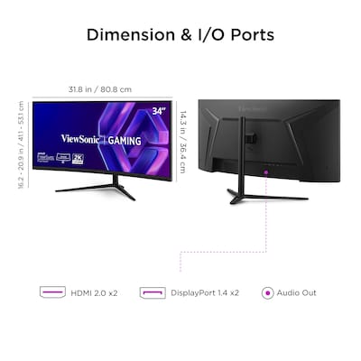 ViewSonic 34" Curved WQHD 180Hz LED AMD FreeSync Gaming Monitor, HDR10, Height Adjustable, Black (VX3418C-2K)