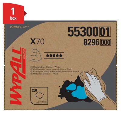 WypAll PowerClean X70 Cloths, 11.1 x 16.8, White, 200 Sheets/Box (55300)