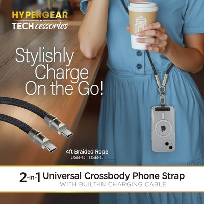 HyperGear TECHcessories 2-in-1 Universal Crossbody Phone Strap with USB-C Charging Cable, Black (16280)