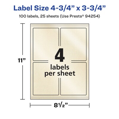 Avery Pearlized Ivory Rectangle Multipurpose Labels, 4.75" x 3.75", Ivory, 100/Pack (94254)