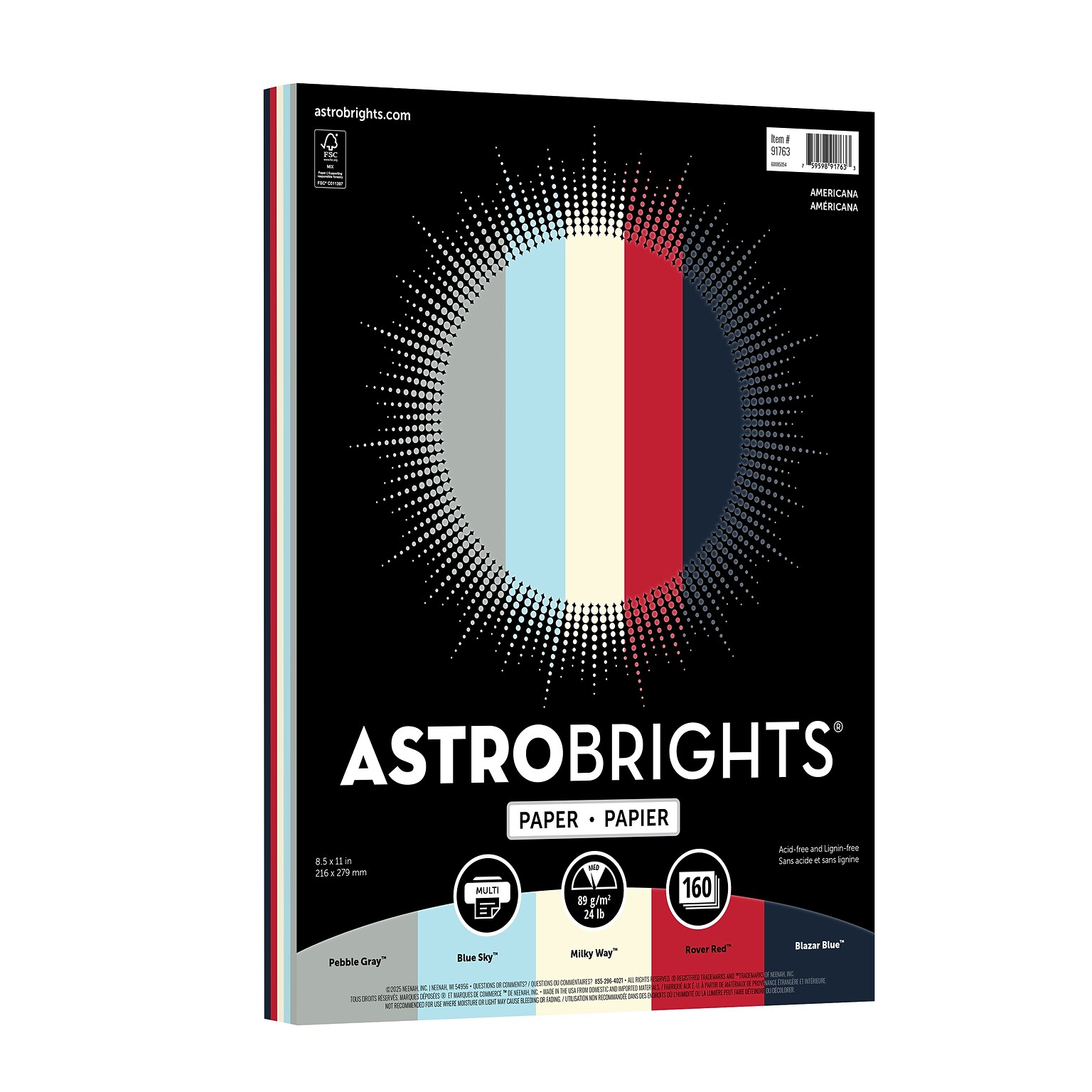 Astrobrights 8.5 x 11 Color Copy Paper, 24 lbs., Americana Assortment, 160 Sheets/Ream (91763)