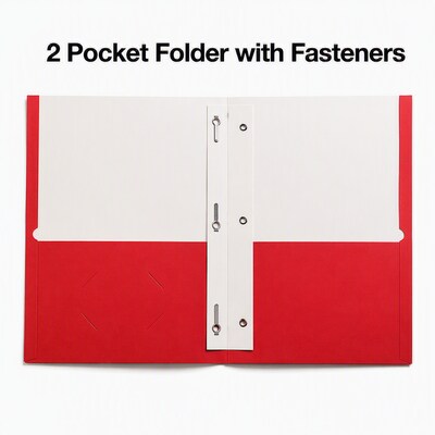 Staples School Grade 2-Pocket Folders with Fasteners, Red, Letter-Size Durable Classroom & Office File Folders, 25/Box