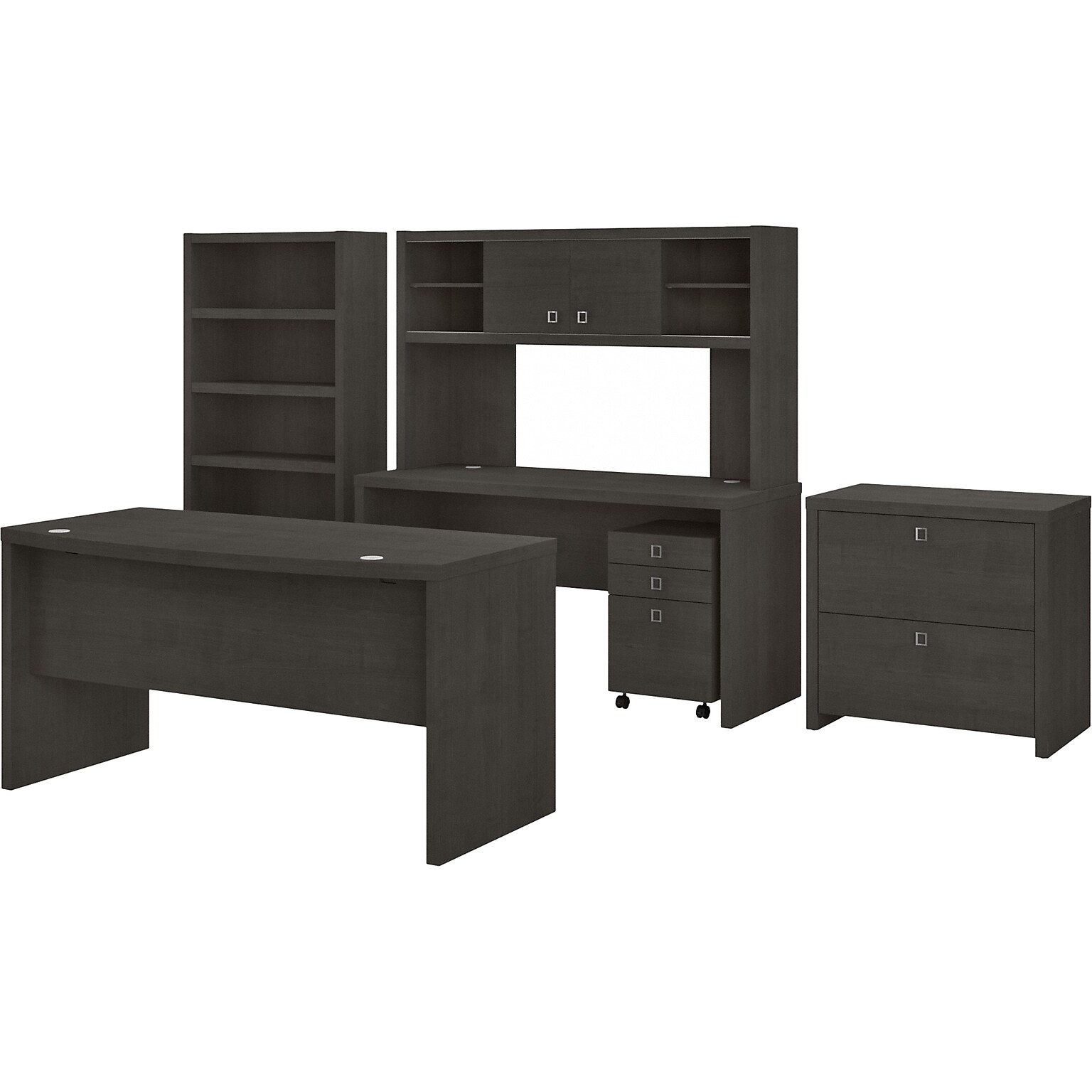 Bush Business Furniture Echo 60W Bow Front Desk, Credenza with Hutch, Bookcase and File Cabinets, Charcoal Maple (ECH029CM)