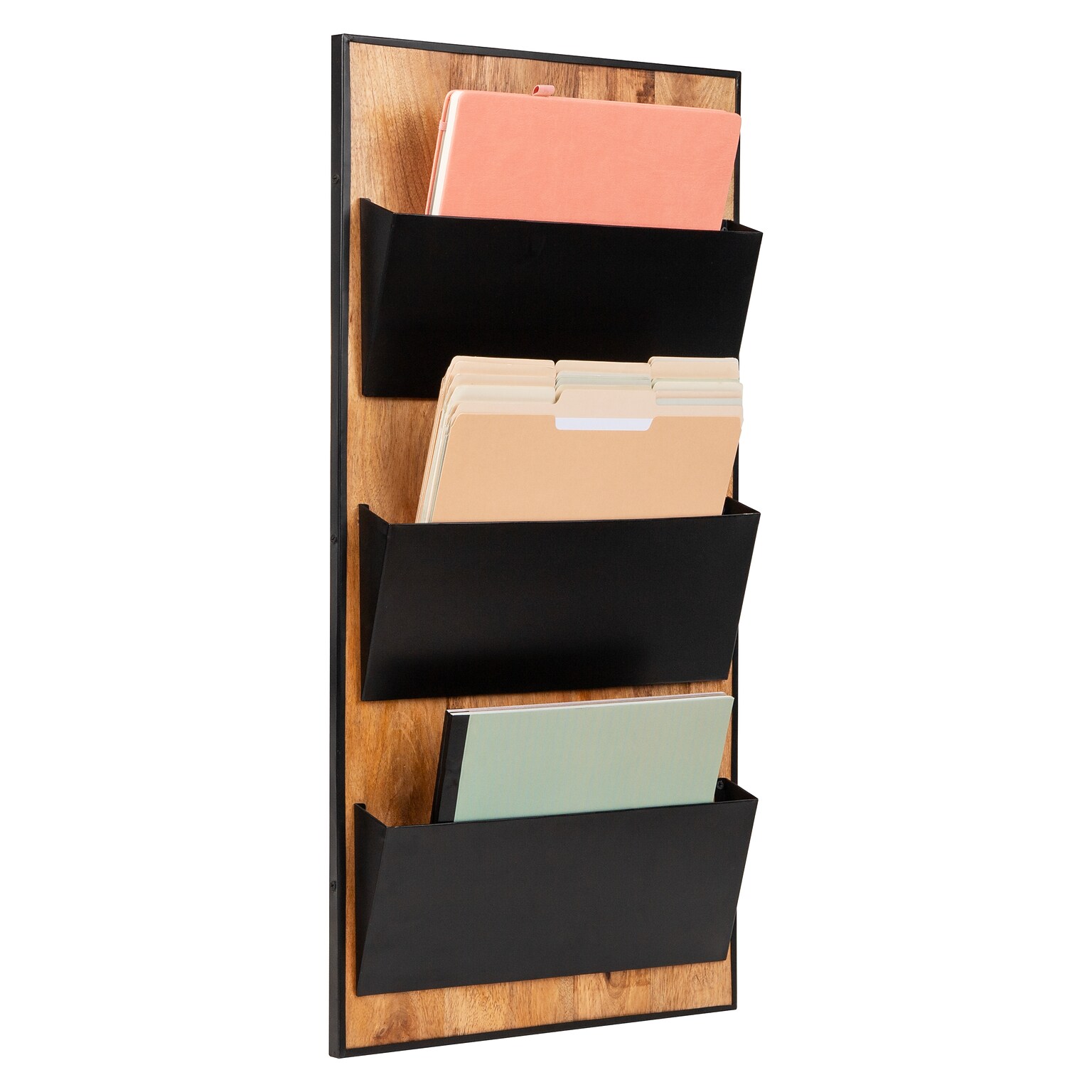 Mind Reader 3-Pocket Wood and Metal Wall Mountable Wall File, Letter Size, Black (WALLPOCKET-BLK)