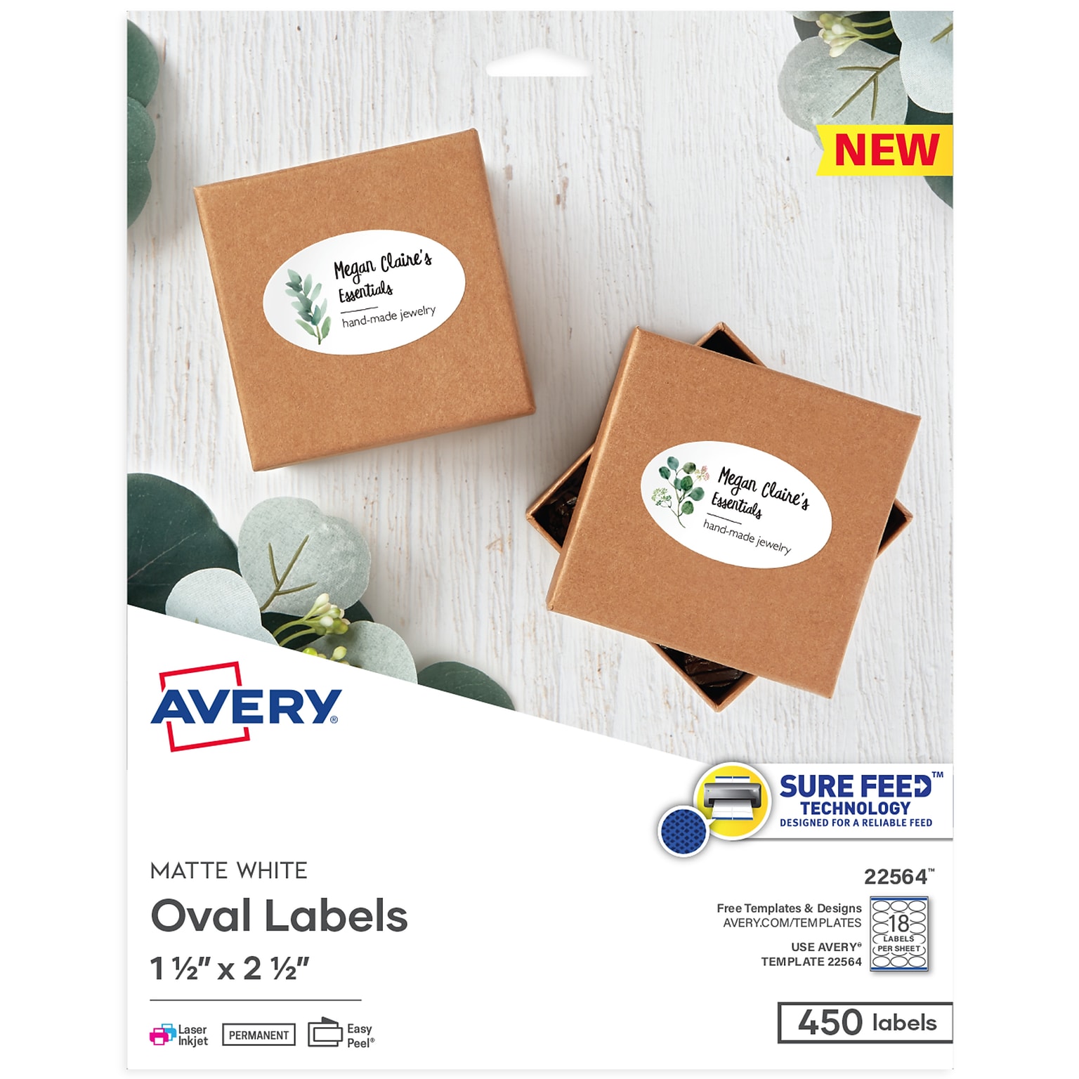 Avery Print-to-the-Edge Laser/Inkjet Labels, 1 1/2 x 2 1/2, White, 18 Labels/Sheet, 25 Sheets/Pack, 450 Labels/Pack (22564)