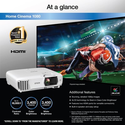 Epson Home Cinema 1080 3LCD 1080p Portable Projector, White (V11H980020)