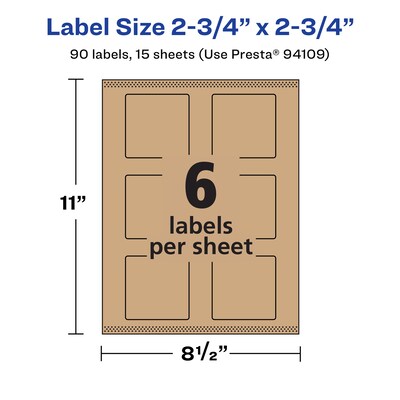 Avery Laser/Inkjet Square Multipurpose Labels, 2.75" x 2.75", Kraft Brown, 90 Labels/Pack ( 94109)