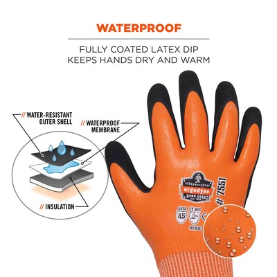Ergodyne ProFlex 7551 Waterproof Cut-Resistant Winter Work Gloves, ANSI A5, Orange, XL, 144 Pairs (17995)