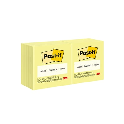 Post-it Sticky Notes, 3 x 3 in., 12 Pads, 100 Sheets/Pad, Canary Yellow, Lined, The Original Post-it