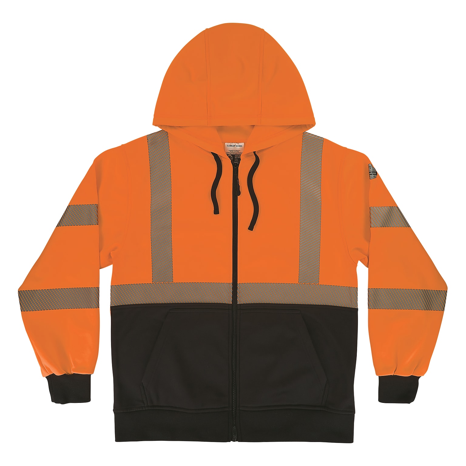 GloWear 8318BK High Visibility Long Sleeve Black Bottom Hooded Zip-Up Sweatshirt, ANSI Type R Class 3, Orange, Large (23074)