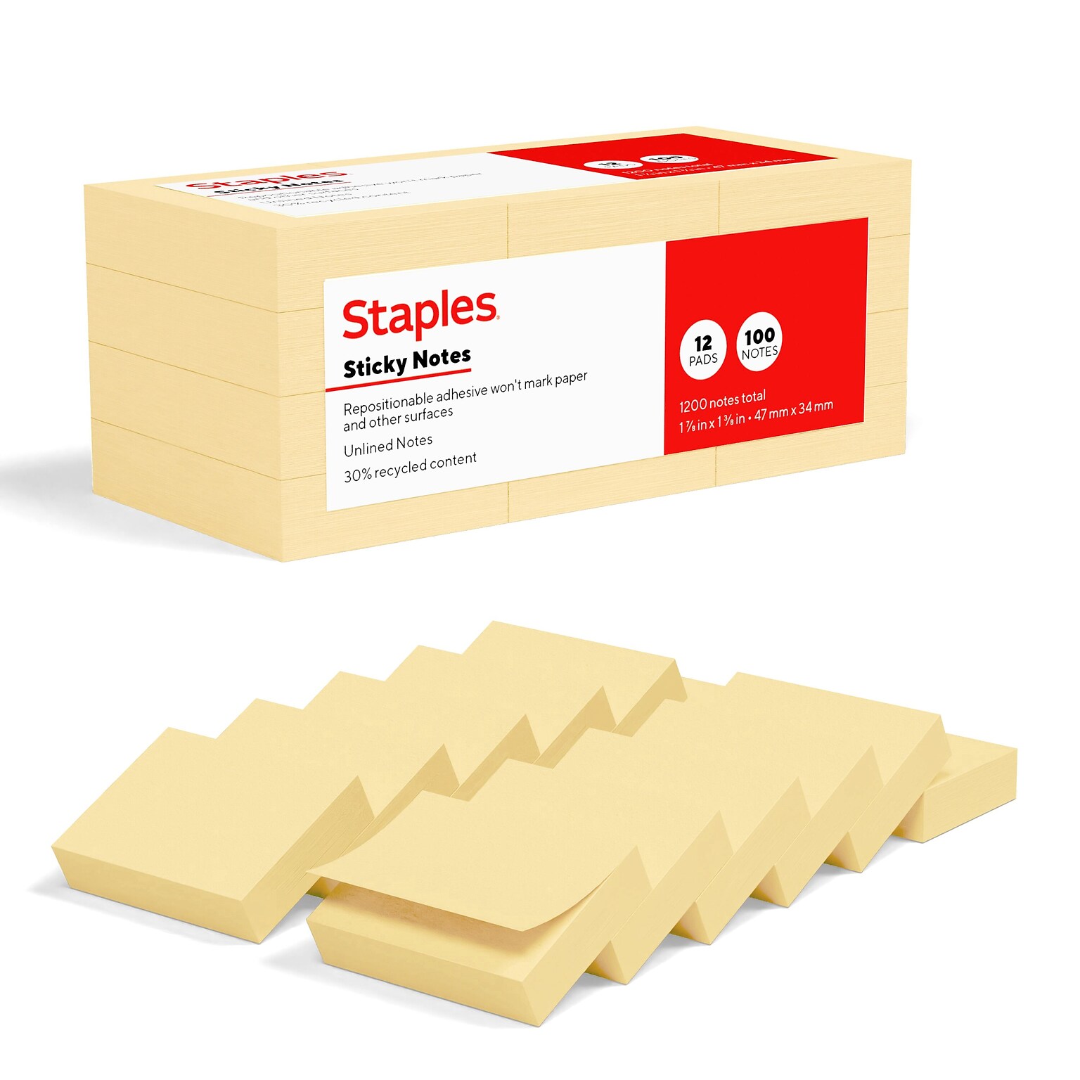Staples Sticky Notes, 1 3/8 x 1 7/8, Sunshine Collection, 100 Sheets/Pad, 12 Pads/Pack (ST62864)