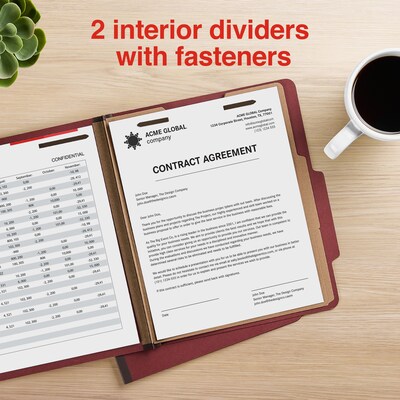 Staples 100% Recycled Heavy Duty Pressboard Classification Folder, 2-Dividers, 2" Expansion, Letter Size, Red, 10/Box (ST62548)