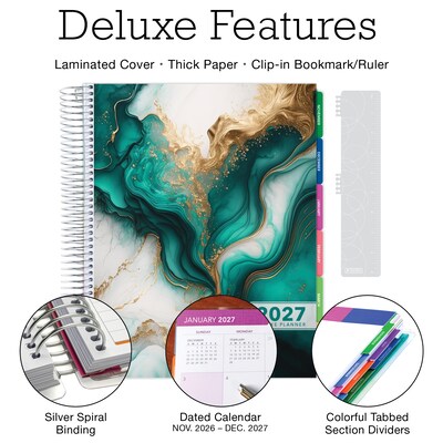 2027 Excello Brands 10.3 x 12.3 Weekly & Monthly Standard Planner, Paperboard Cover, Teal Gold Marble (DLX-CY27-0054)