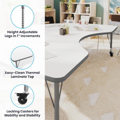 Flash Furniture Wren Kidney Activity Table, 72" x 48", Height Adjustable, White Top/Silver Frame (XUA4872KDWHTPC)