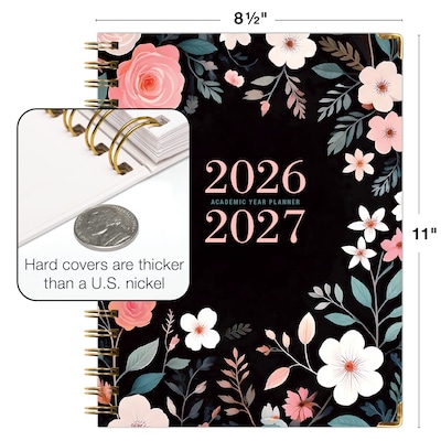 2026-2027 Excello Brands 8.5" x 11" Academic Weekly & Monthly Planner, Paperboard Cover, Black Floral Pink (FSHN-AY26-8511-06)