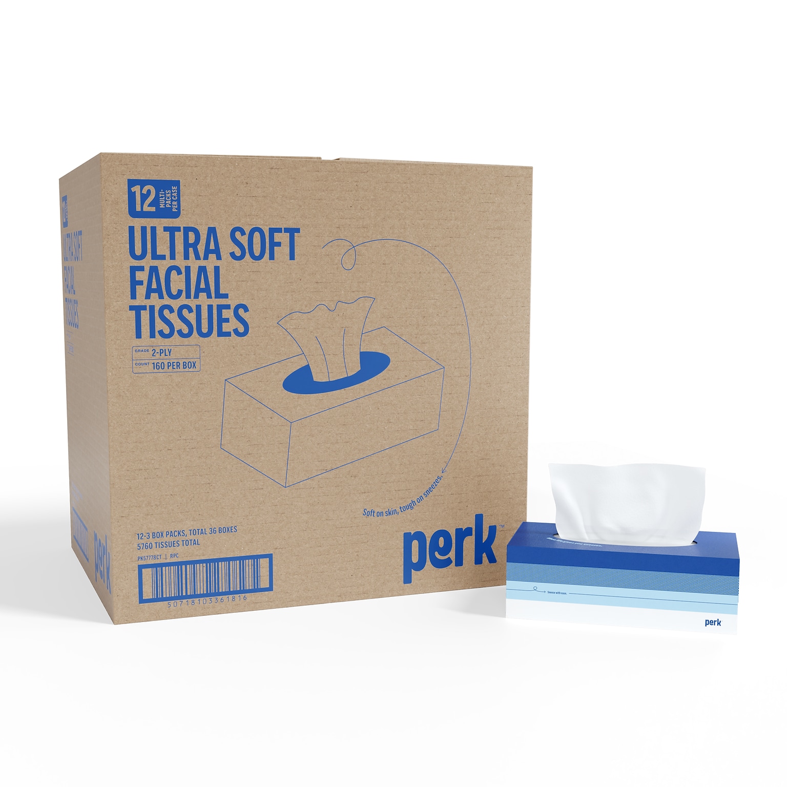 Perk Ultra Soft Facial Tissues, 2-Ply, 160 Sheets/Box, 3 Boxes/Pack, 12 Packs/Carton, FSC Certified Soft Tissue (PK57778CT)