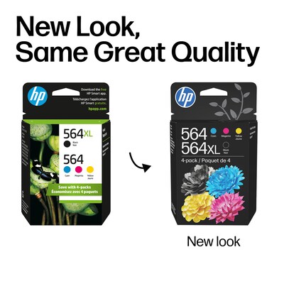 HP 564XL/564 Black High Yield and Cyan/Magenta/Yellow Standard Yield Ink Cartridge, 4/Pack (N9H60FN#140)