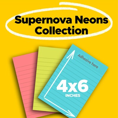 Post-it Super Sticky Notes, 4 x 6, Supernova Neons Collection, Lined, 90 Sheet/Pad, 3 Pads/Pack (660-3SSMIA)