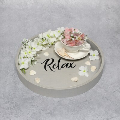 Elegant Designs "Relax" Decorative 13.75" Round Wood Serving Tray w/ Handles, Gray Wash (HG2013-GYX)