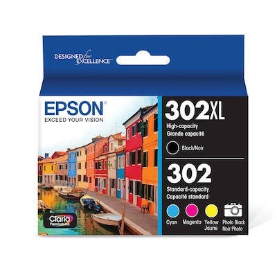 Epson T302XL/T302 Black High Yield and Cyan/Magenta/Yellow Standard Yield Ink Cartridge, 5/Pack (T30