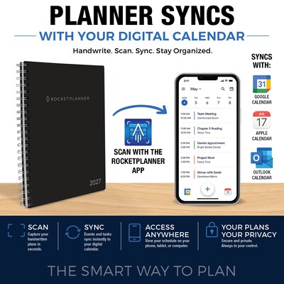 2027 Rocketbook Rocketplanner 6 x 8 Calendar Year Weekly & Monthly Planner, Plastic Cover (RKPL-CY27-5-BK)