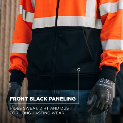 Ergodyne GloWear 8312BK High Visibility Long Sleeve Black Bottom Hooded Zip-Up Sweatshirt, ANSI Type R Class 3, Orange, Large
