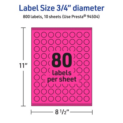 Avery Laser/Inkjet Round Multipurpose Labels, 0.75" Dia., Neon Magenta, 800/Pack (94504)