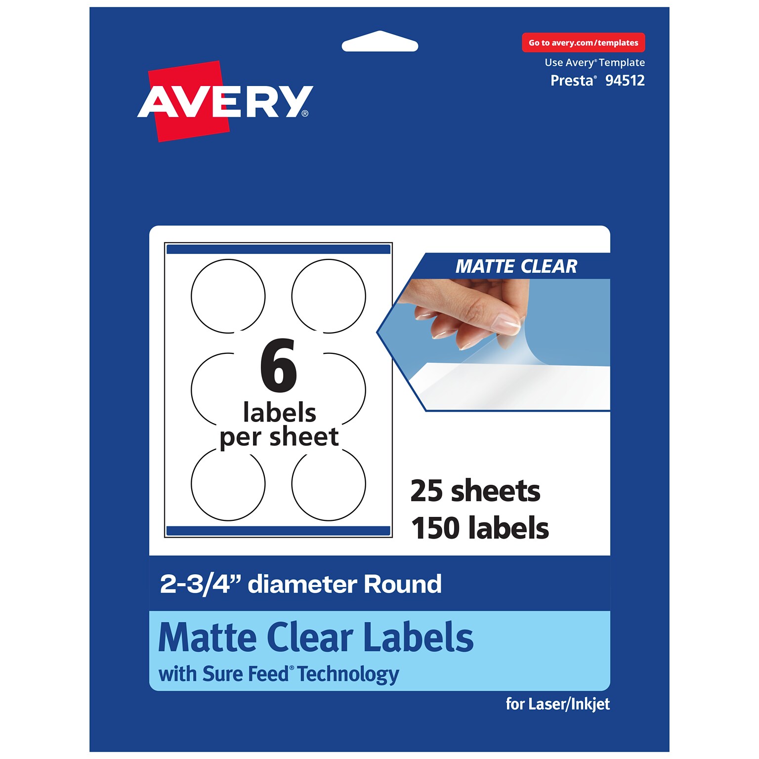 Avery Laser/Inkjet Circle Multipurpose Labels, 2-3/4 Dia., Clear, 150/Pack (94512)