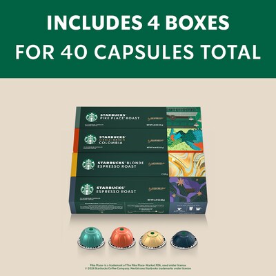 Nespresso Starbucks Coffee & Espresso Variety Pack Coffee Nespresso Vertuo Capsules, 40/Pack (163930)