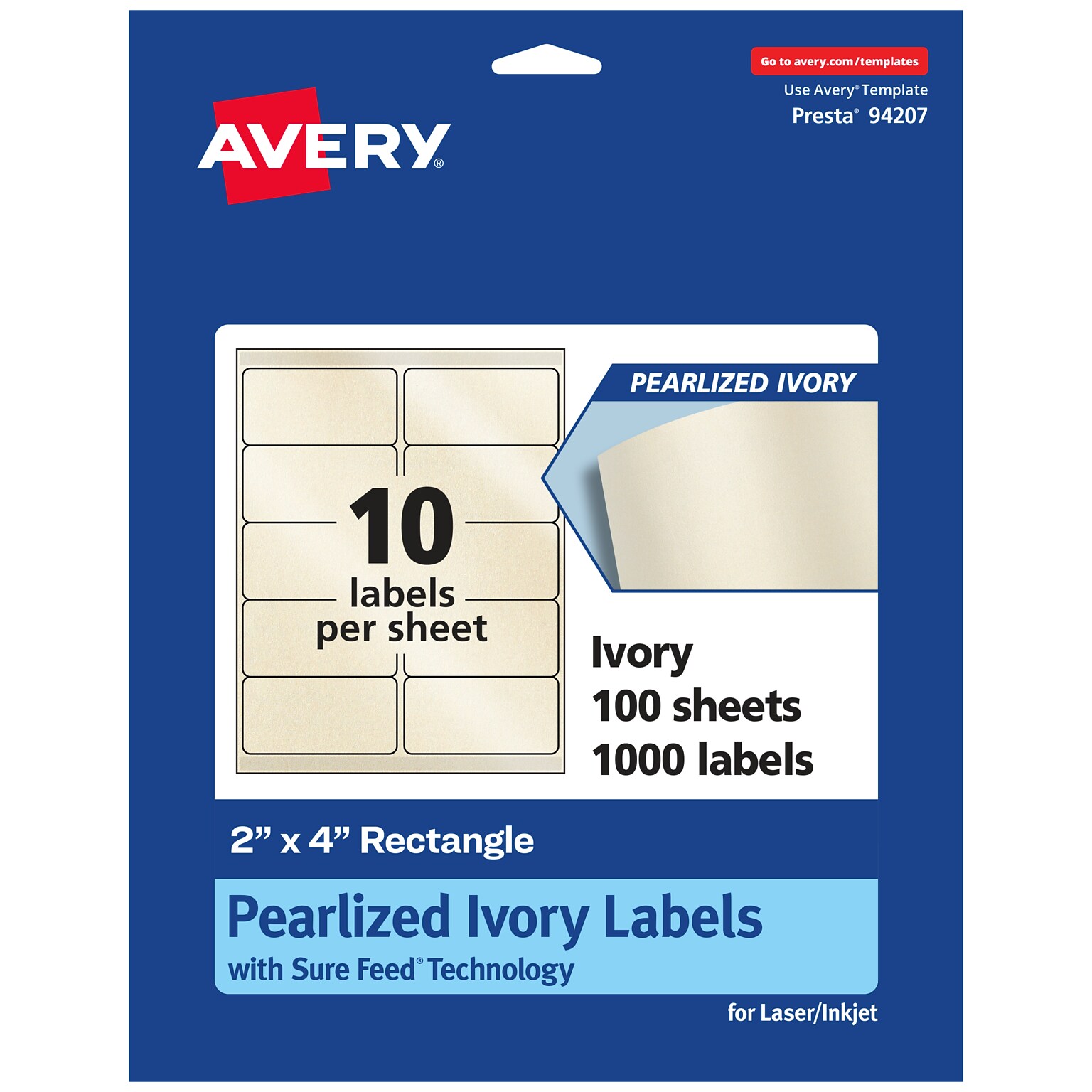 Avery Pearlized Ivory Rectangle Multipurpose Labels, 2 x 4, Ivory, 1000/Box (94207)
