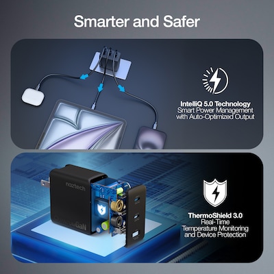 Naztech Nexus T100 GaN PD 3-Port USB-C & USB-A Charger, 102W, Black (16118)