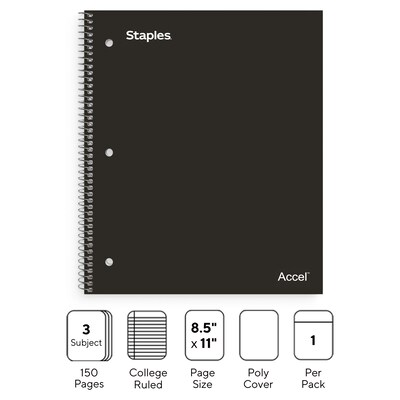 Staples Premium 3-Subject Notebook, 8.5" x 11", College Ruled, 150 Sheets, Black (ST58313)